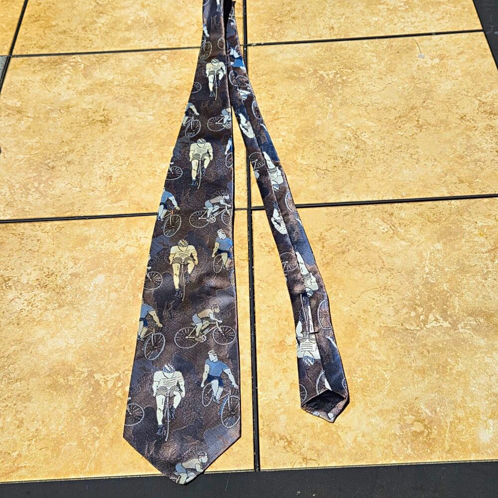Vintage Dino Orsini Men's Necktie - Dark Grey Novelty Cyclist Bicycle Print Tie